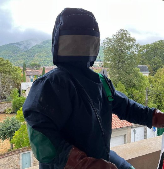 Christophe Guérin en combinaison de protection lors d'une intervention sur un nid de frelons asiatiques, maison de maître à Mazamet