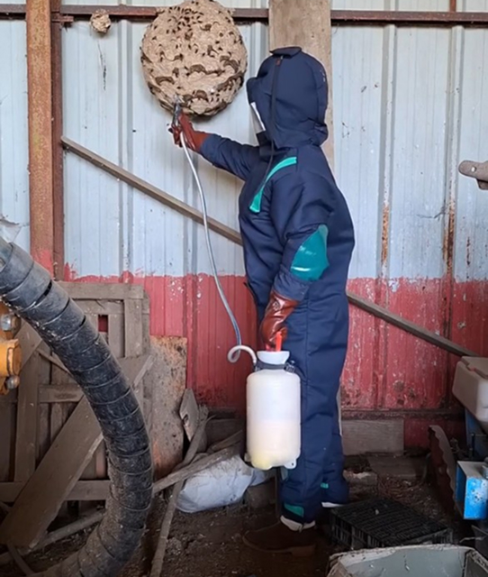Christophe Guérin équipé pour une intervention de destruction de nid de frelons.